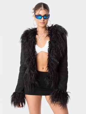 Edikted Faux Fur Trim Coat Jacket Black